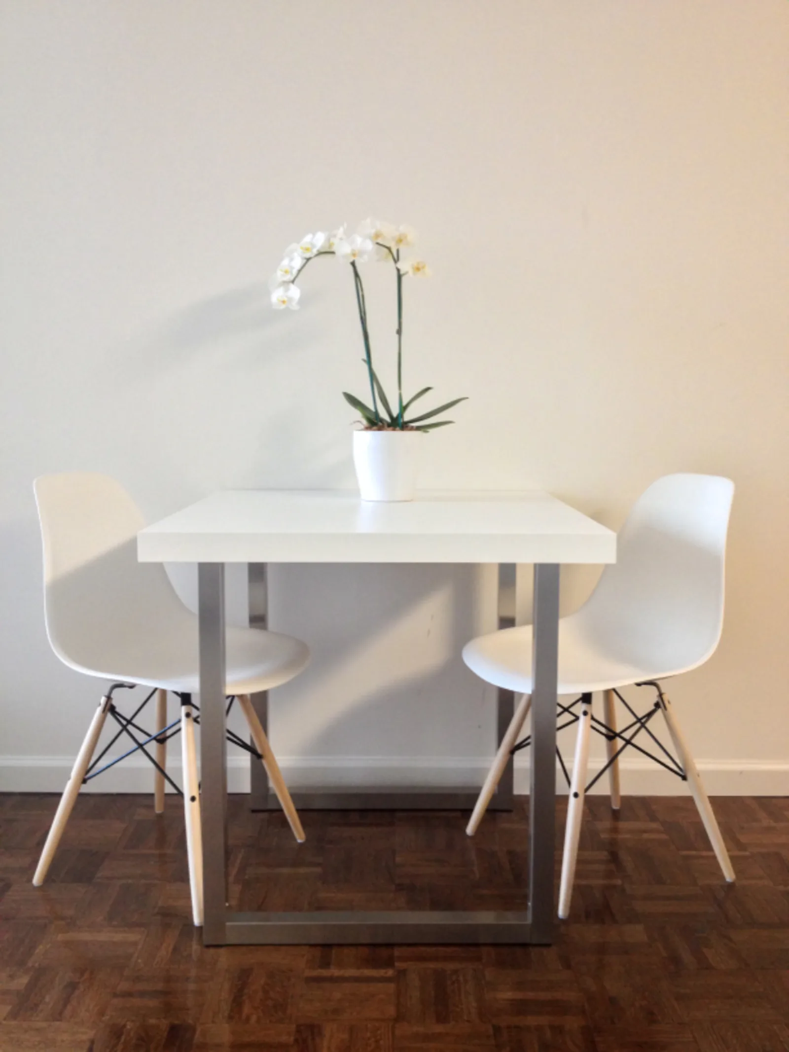 A dining table set for dinner